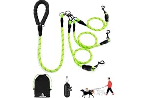 LEOSASA No Tangle 3 Dog Leash -Main Lead Rope with Padded Handle, Three Detachable Leash Splitters, Heavy-Duty Clip, 4.76ft for Walking, Running, Small, Medium, Large Dogs (Green)