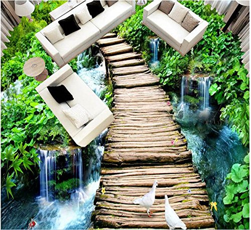 LWCX Flooring PVC 3D Wallpaper Custom Waterproof Self Adhesion Large Wooden Bridge Flowing Water 3D Wall Murals 352X250CM