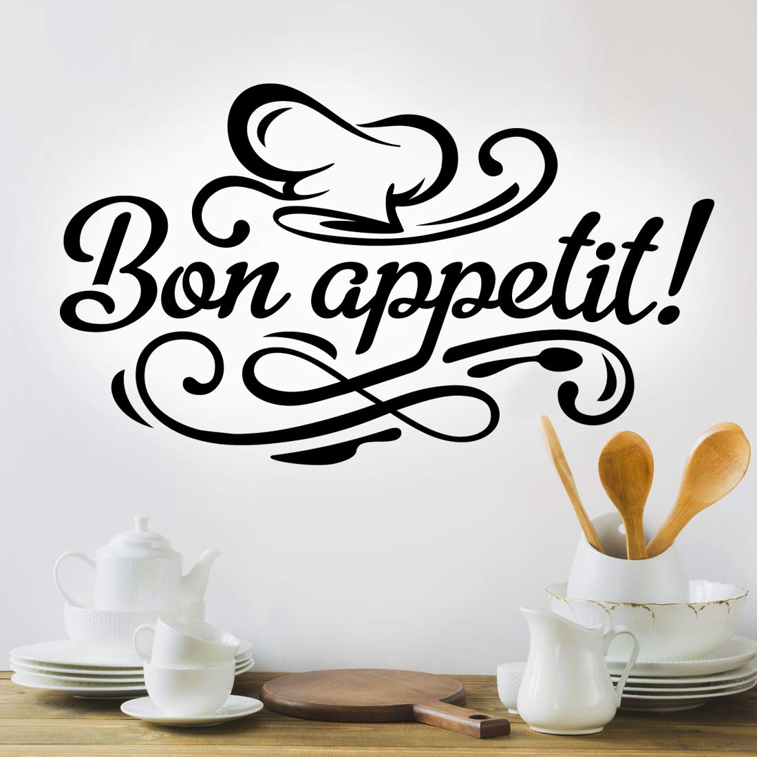 Bon appetit wall sticker kitchen decal quotes lettering room decor coffee black vinyl dining quote decoration accessory stickers art cafe pub restaurant cup chief toque transfers decals mural stencils