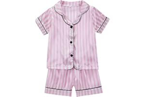 Toddler Boys Girls Satin 𝐏a𝐣amas Set Soft Button-Down 𝐒lee𝐩wear Short Sleeve Shirt and Shorts 𝐏𝐣s Print 𝐋oun𝐠ewear