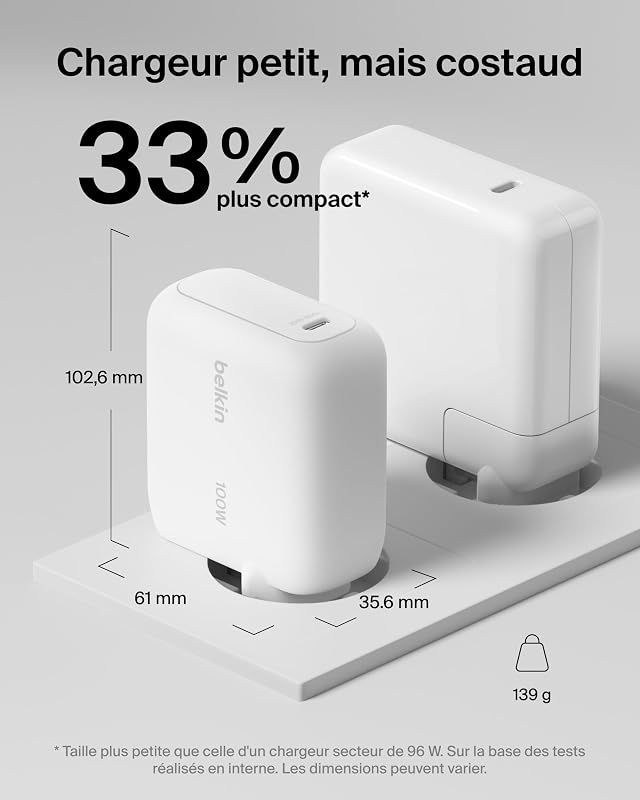 BoostCharge Chargeur Secteur USB-C, Recharge Rapide GaN 100 W, Pour iPhone 17, Samsung Galaxy S26, Pixel 10, AirPods, Tablette, MacBook, Câble USB-C 1,5 m Inclus, Indispensable De Voyage, Blanc