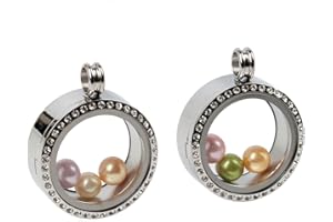 Africanbeads 2PCS 30MM Floating Charm Locket Necklace with 6 Freshwater Pearls,316L Stainless Steel Clear Glass Locket,Small Waterproof Living Memory Pendant for Women(Without Chain)