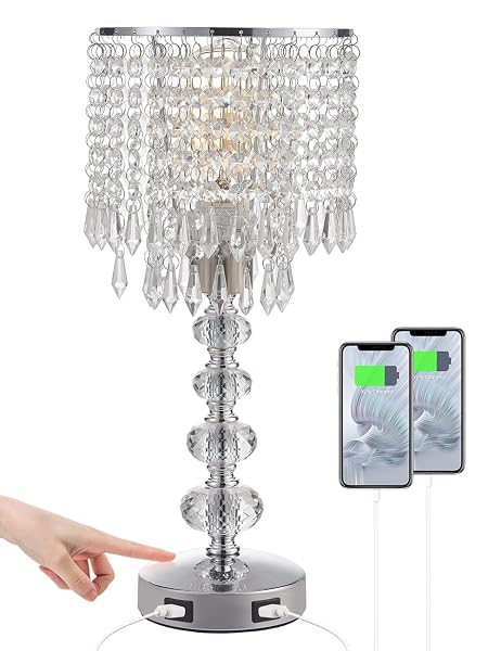 ACAXIN CRYSTAL TABLE LAMPS FOR BEDROOM NIGHTSTAND – TOUCH BEDSIDE LAMPS WITH TWO USB CHARGING PORTS SILVER, 3 WAY DIMMABLE SMALL GLAM LAMP FOR GIRLS, NIGHT STAND LAMP FOR LIVING ROOM