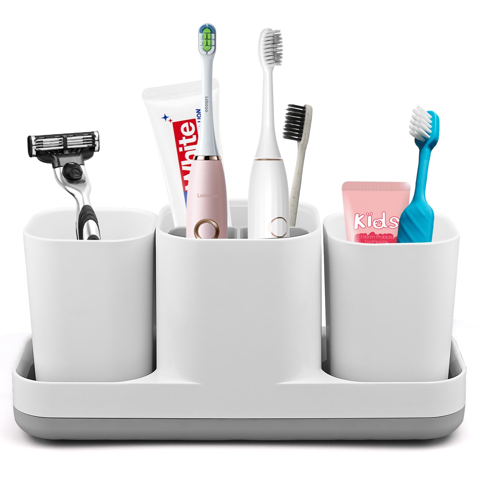 Toothbrush Holder with Tumblers Set, Multifunctional Electric Toothbrush Holder, Toothbrush Caddy Toothpaste Razors Stand for Bathroom Countertop 3 Compartment Storage Box (White)