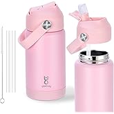 Kids Water Bottle for School 12 oz,Stainless Steel Insulated Water Bottles,Pink Water Bottles for Toddler Girls Boys with Straw Lids & Handle