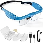 Magnifying Glass with Light Hands Free, Rechargeable Magnifying Glasses Headset with 5 Detachable Lenses Magnifier for Close Work, Reading, Jewelry Making Crafts (Blue)