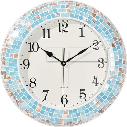 Wall Clock Large, 18" Amber Mosaic Wall Clock Blue Sea Ocean Natural Baker, Arabic