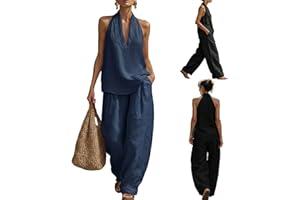 Women's Linen 2 Piece Outfit Set, V-Neck Sleeveless Tank Top & Wide Leg Pants, Casual Cotton Linen Matching Sets with Pockets
