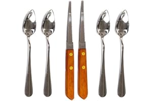 Four (4) Grapefruit Spoons and 2 Grapefruit Knives, Stainless Steel, Serrated Edges