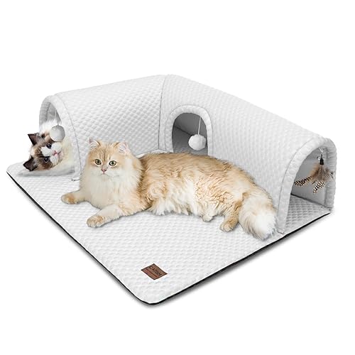 CATISM Cat Bed with Tunnel - Cat Tunnels for Indoor Cats 3-Way Ports 3 Toys, Detachable Rug, Soft Tunnel, Large Cave, Non-Slip Bottom Carpet, Tube Bed for Kitten Ferrets Small Animals (Grey)