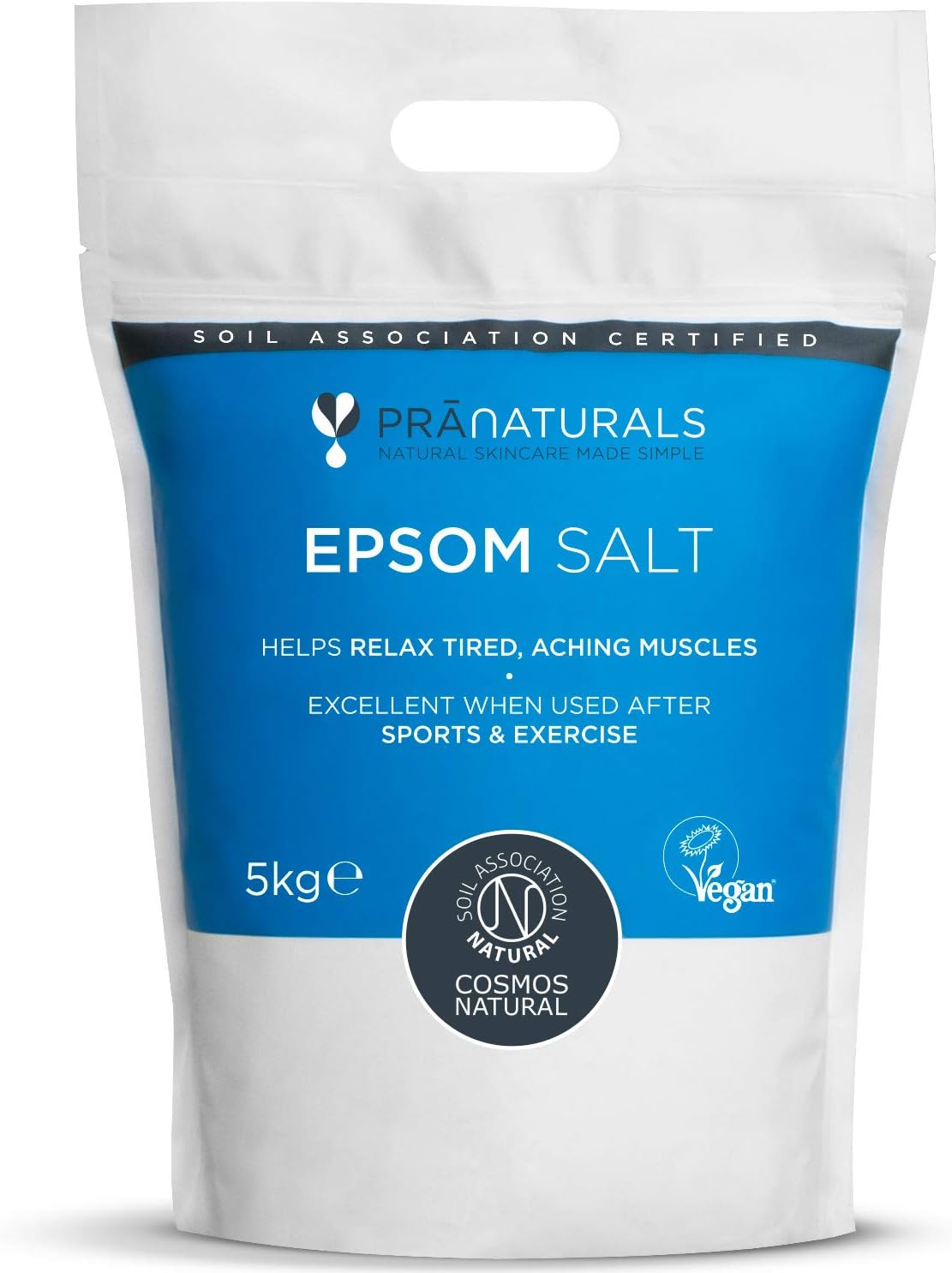PraNaturals Epsom Salt 5KG, Bath Soak Natural Mineral-Rich, Magnesium, Sports, Exercise, Relieve Joint Pain, Muscle Sprains, Bruises - COSMOS Natural, Vegan and Soil Association Certified
