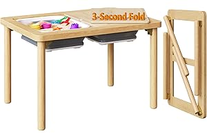 FUNLIO Foldable Wooden Sensory Table with 2 Bins for Toddlers, Kids Sensory Table with Anti-Warping Plywood Lid, Indoor/Outdoor Play Sand and Water Set, CPC Certified