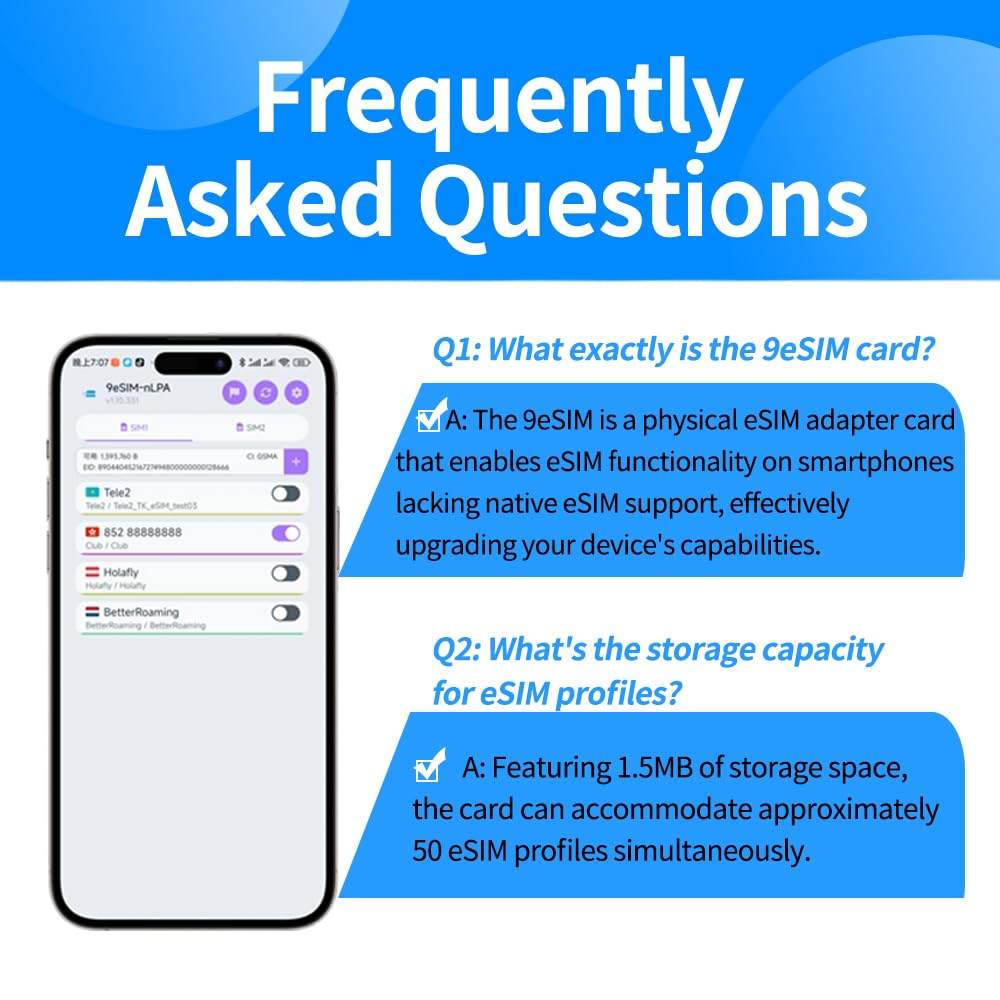 9esim V3 Physical eSIM Write Card Mobile Unlimited Download Profile Compatible with esim Unlocked Mobile Phones Support STK menu Switching Android APP Manage Profile Compatible with iOS and Routers