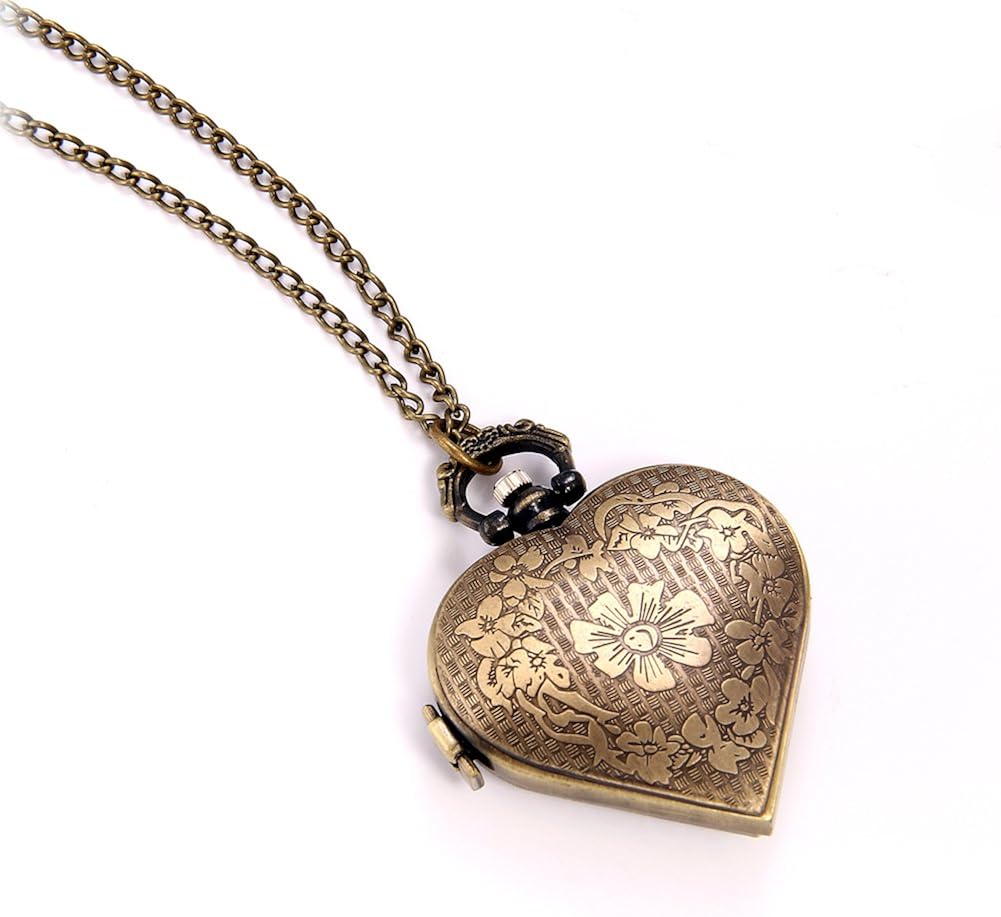 JewelryWe Vintage Heart Locket Style Steampunk Pocket Watch Pendant Long Necklace 31.5 Inch Chain (with Gift Bag) - Image 5