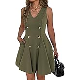 Evzeiem Work Dresses for Women Summer Business V Neck Sleeveless Buttons Short Flare Dress with Pockets Elegant Office Outfit