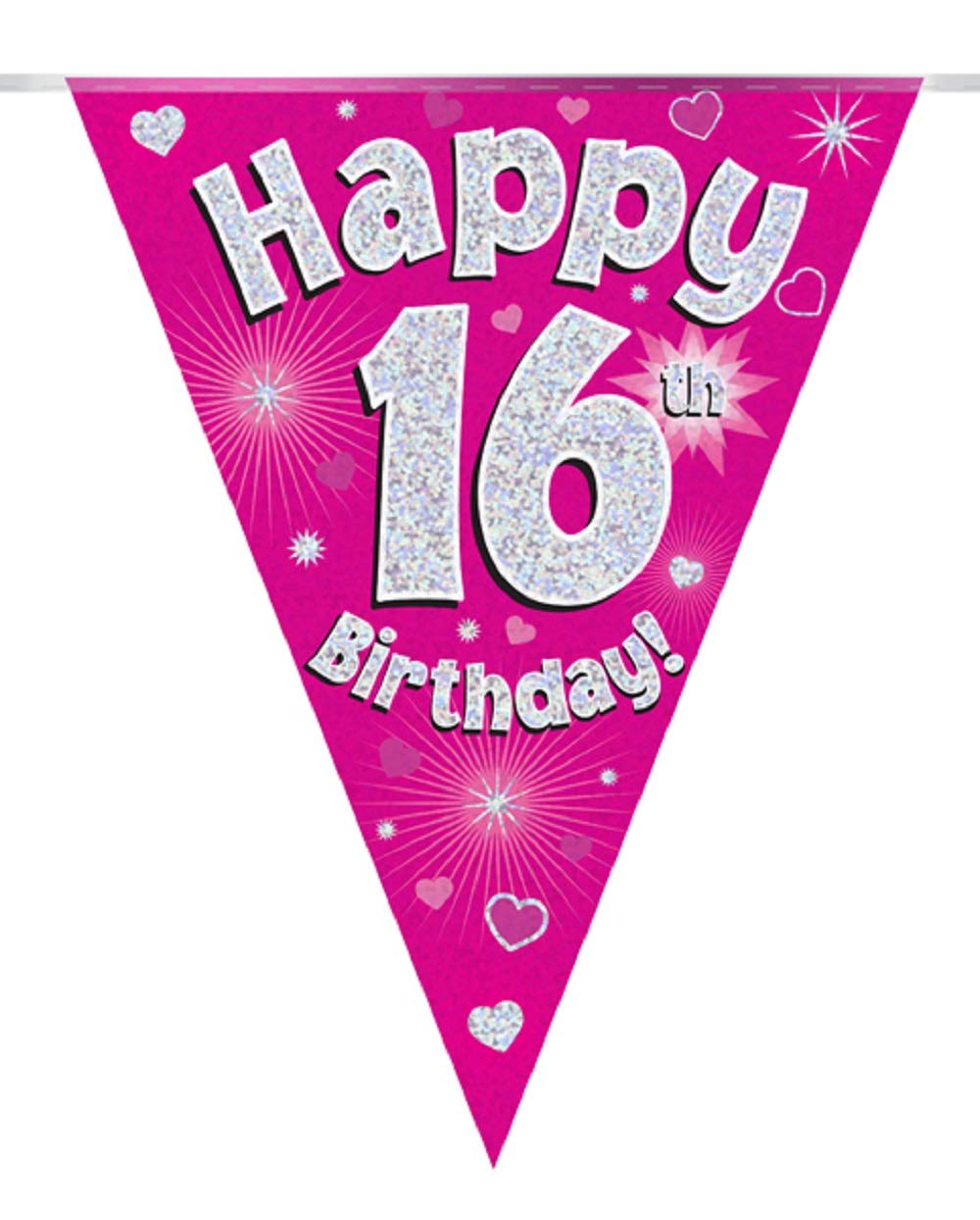 Party Bunting Happy 16th Birthday Pink Holographic 11 Flags 3.9m