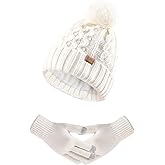 Women Winter Knit Warm Hat Beanie Gloves Set Pom Fleece Lined Hat with Touchscreen Gloves