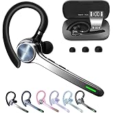 HEIBAS Bluetooth Headset, Wireless Earpiece with Mic for Work | 72H Playtime, 500mAh Charging Case, Hands-Free Calling with Mute Button for Work, Trucker, Office, Driving, iPhone, Black