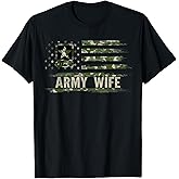 Vintage Army Wife with Camo American Flag for Veteran Gift T-Shirt