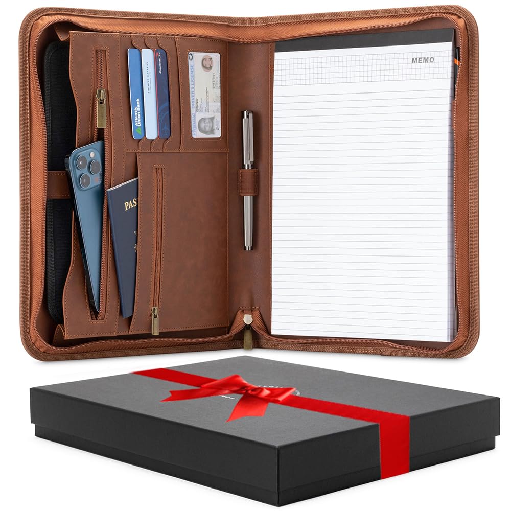 Forevermore Portfolio Padfolio Folder with Zipper - Professional Faux Leather Travel Organizer Pouch for Tablet, Documents, Presentation Folders, Zipper Closure, Notepad - Brown
