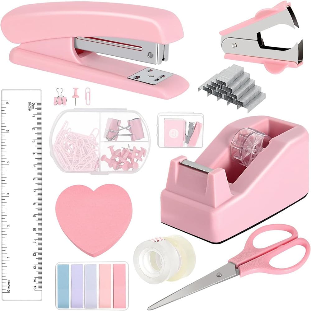 OHAOLYLE Pink Office Supplies Set Desk Accessories Kit Include Stapler,1000pcs Staples,Stapler Remover,Clips,Tape,Tape Holder,Scissor,Ruler and Tabs