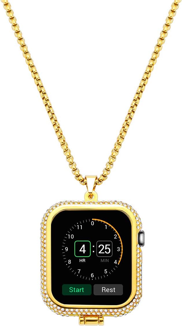 NICERIO Diamond Case Cover Compatible with Apple Watch 4 44mm,Newest Double Side Crystal iWatch Bezel Case Exquisite Rhinestone Protective Frame Cover with Detachable Chain,Golden
