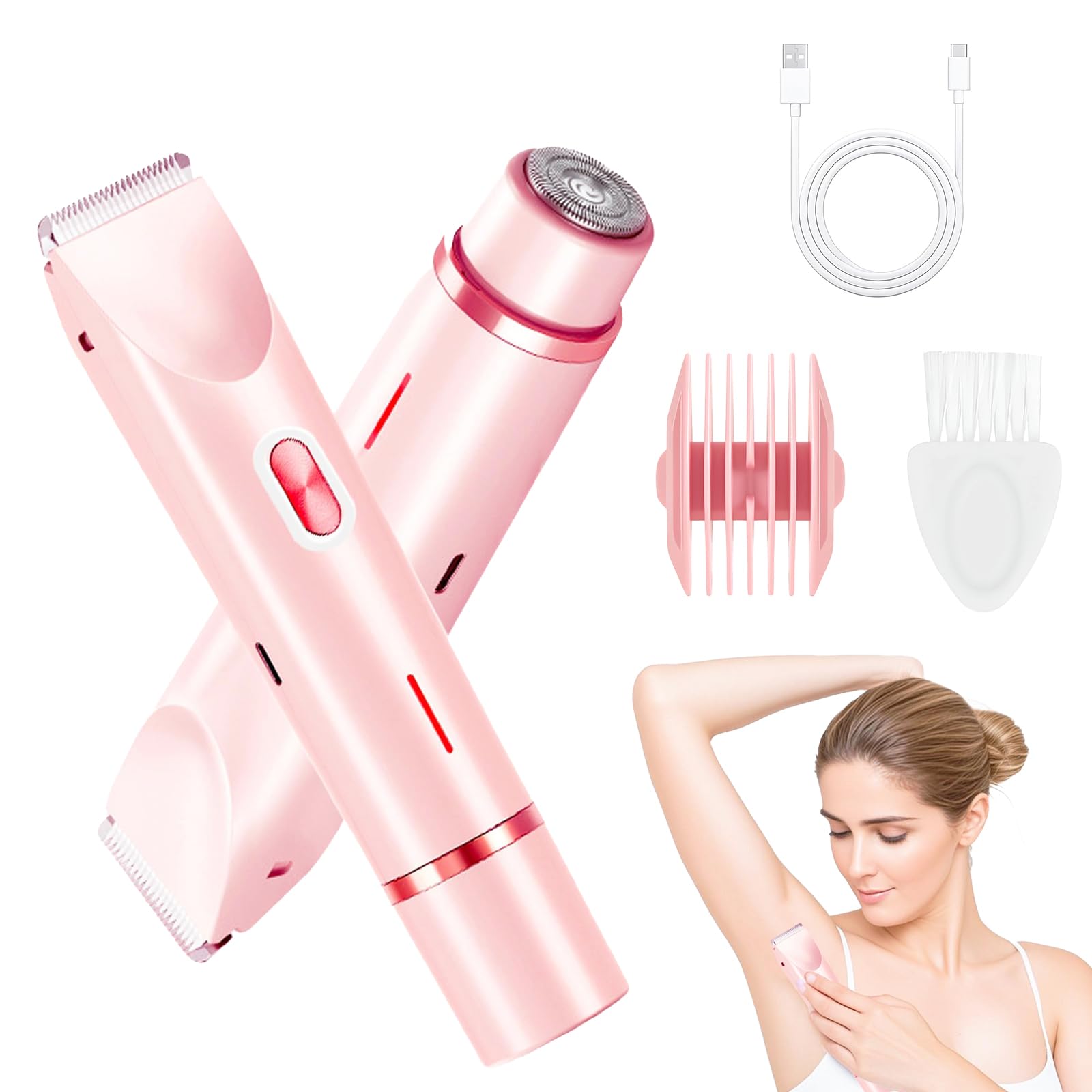 Photo 1 of Bikini Trimmer for Women, 2 in 1 Electric Razors for Women, Dermave Bikini Shaver, IPX7 Waterproof & Easy Cleaning, Ceramic Blade, 120 Min Cordless Runtime, Ultra Low Silent (Pink).
