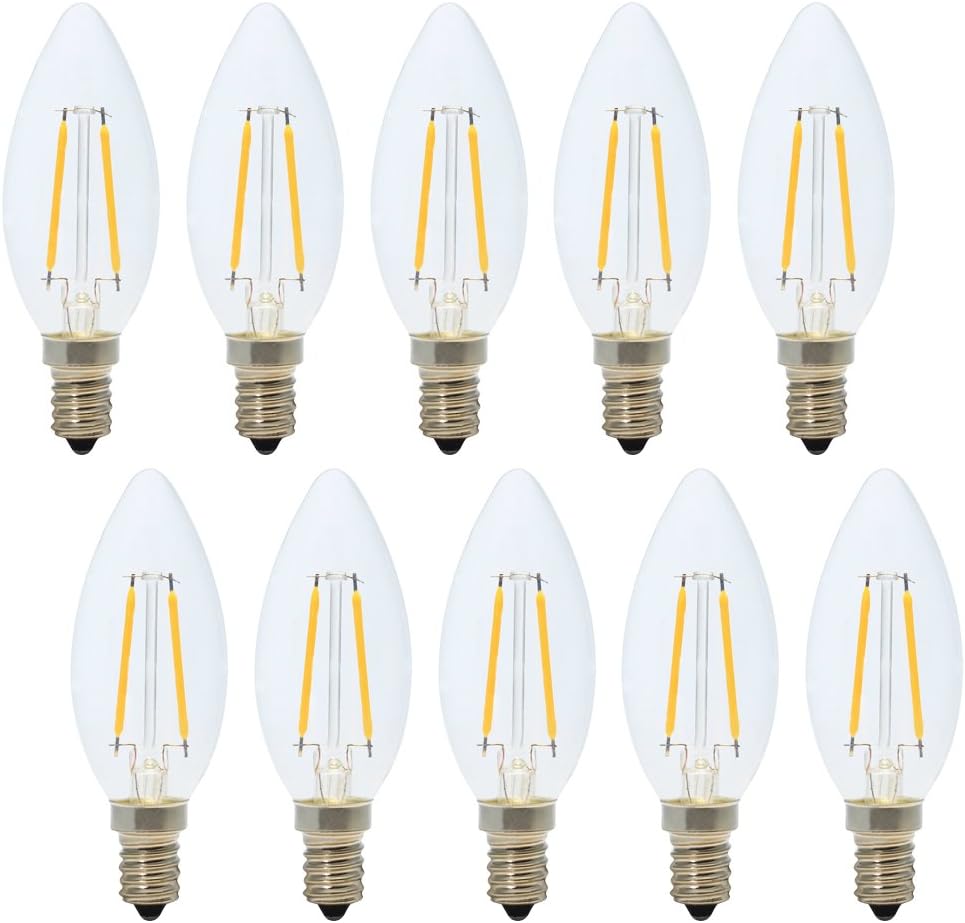 Small Edison Screw Cap E14 Candle Bulbs,LED Filament Light Bulb 2W,Warm White 2700K,15W Incandescent Equivalent, 10 Packs