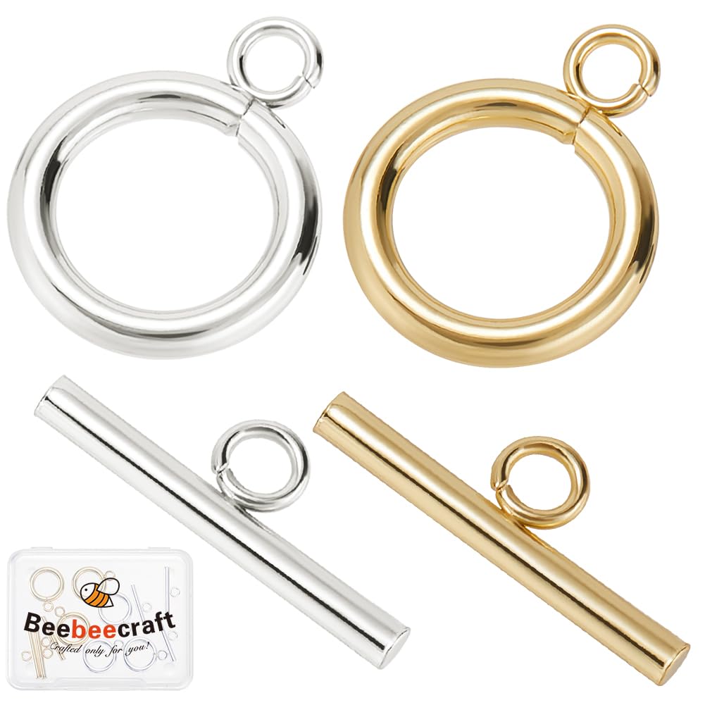 Beebeecraft 1 Box 10Pcs Jewelry Toggle Clasps Real 18K Gold & Sterling Silver Plated Brass T Bar End Clasp Sets Round Connectors Ring for Jewellery Making Supplies Necklace Bracelet DIY Crafts