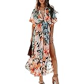 Quatrefox Womens V Neck Flutter Sleeve Boho Midi Dress Summer Wedding Guest Beach Party Long Dresses