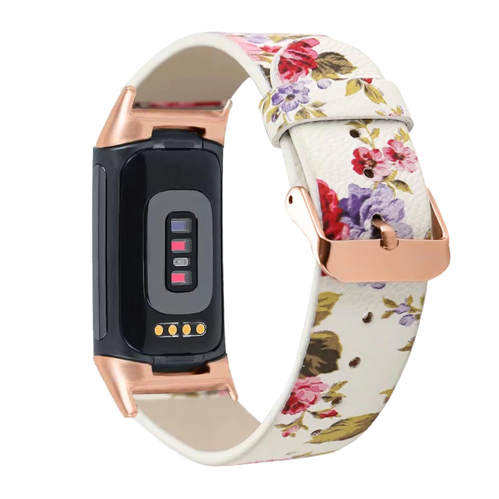 YOOSIDE Leather Strap Compatible with Fitbit Charge 6/5, Floral Print Soft Leather Women Quick Release Wrist Band (White)