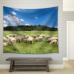 a Lot Sheep on The Beautiful Green Meadow - Fabric Wall Tapestry Home Decor - 51x60 inches