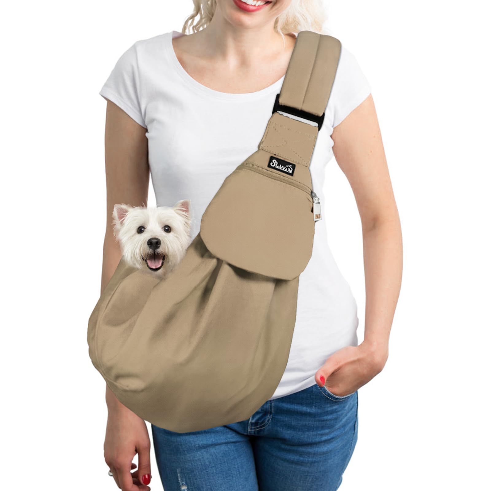 Photo 1 of SlowTon Dog Carrier Sling - Thick Padded Shoulder Strap Adjustable Dog Carriers for Small Dogs, Puppy Carrier Purse for Pet Cat with Front Zipper Pocket Safety Belt Machine Washable (BRN, M)