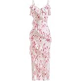 winkbay Women's Boho Floral Print Layered Ruffle Maxi Dress Mesh Deep V Neck Beach Vacation Dresses