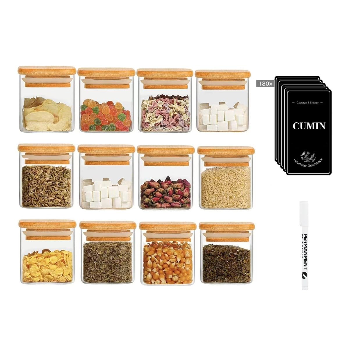 Square Spice Jars, Set of 12, 120 ml Spice Organiser, Spice Jars Set, Bamboo Lid, Spice Shaker Glass Spice Container with Labels and White Chalk Pen, Spice Jars