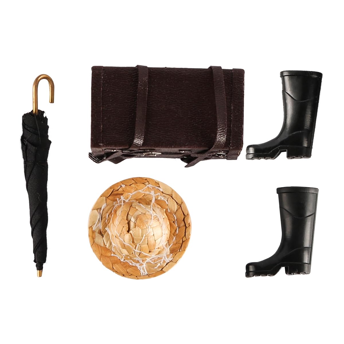 Namvo 4pcs Dollhouse Accessories Mini Suitcase Set Mini Boots Mini Umbrella Travel Mini Straw Hat 1/12 Dollhouse Accessories