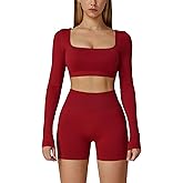 2 Piece Workout Sets for Women Long Sleeve Backless Crop Top and Butt-lifting Shorts Jogger Athletic Gym Outfits