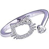 Kawaii Silver Plated Cat Ring, Adjustable Open Circle Ring, Cute Kitty Rings With Heart End, Christmas Birthday Anniversary Valentine's Day Mother’s Day Jewelry Gift Idea For Girlfriend Women