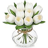 DILATATA Tulips Artificial Flowers in Vase White Fake Flowers Centerpiece with Glass Vase with Faux Water Faux Tulip Bouquet Floral Arrangement for Table Home Office Decor Wedding Thanksgiving