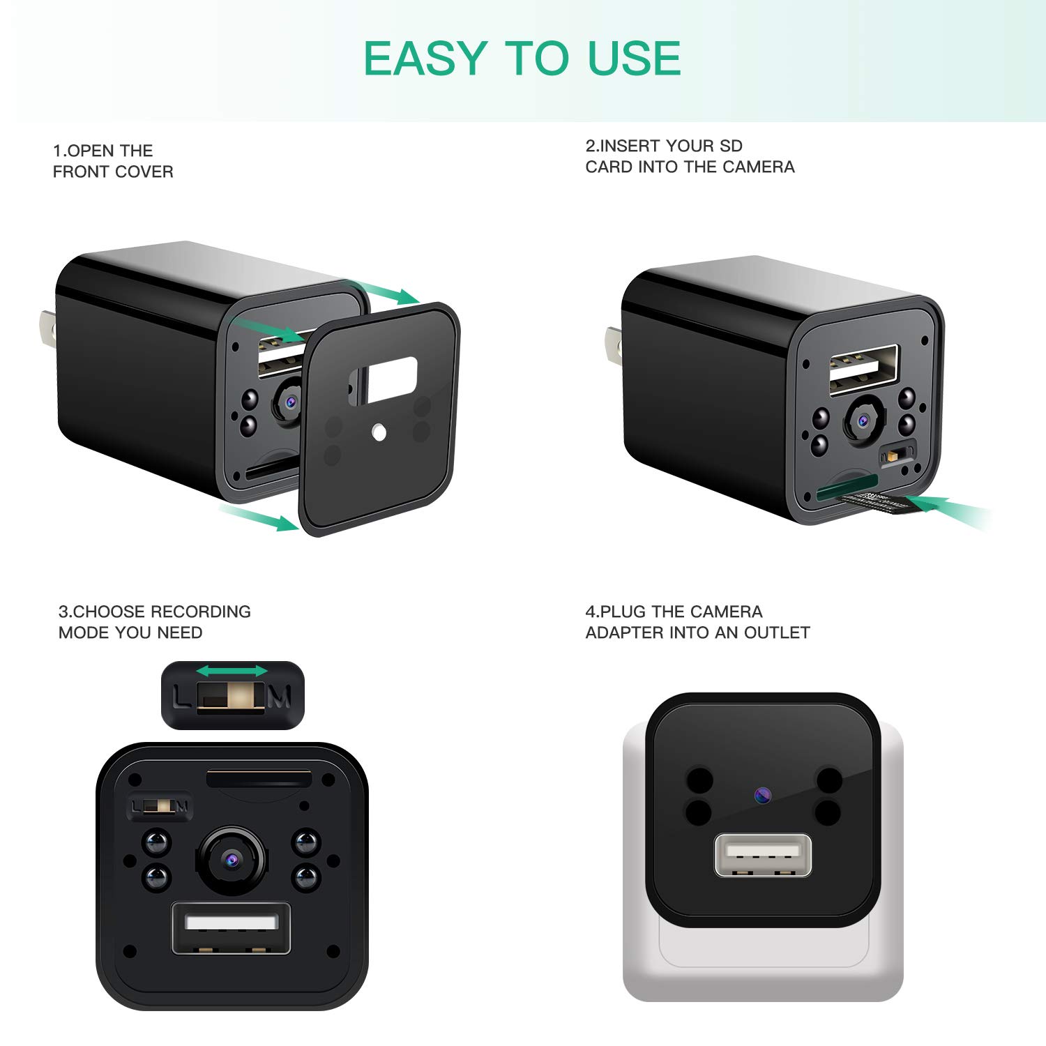 Hidden Camera Adapter,KKWEEKLY 1080P HD USB Wall Charger Camera Motion Detection Loop Recording for Protection at Home and Office