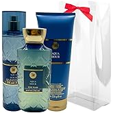Bath & Body Works AQUA HOUR Fine Fragrance Mist, Ultimate Hydration Body Cream & Body Wash 3-piece Gift Set with a Red Bow for Holidays - Full Size