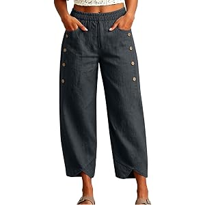 Women Loose Elastic High Waist Pants Side Button Irregular Split Hem Linen Trousers Wide Leg Pants Pockets