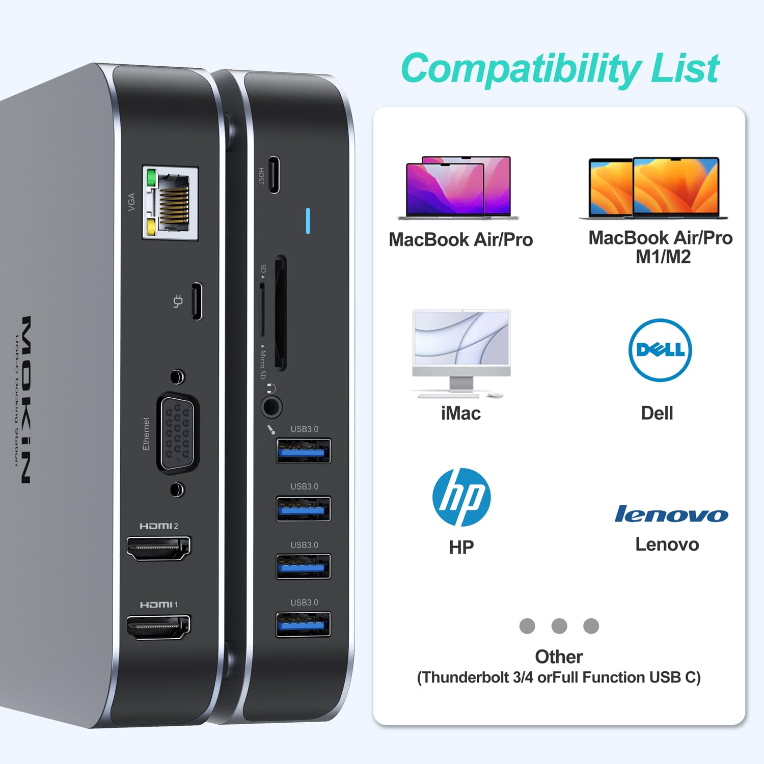 Docking Station für MacBook Air/Pro, MOKiN 13 in 1 USB C 65W Netzteil für MacBook Docking Station USB C Dock mit Dual Display HDMI 4K, VGA, Gigabit Ethernet,4*USB 3.0, 100W PD,3.5mm Audio für Dell, HP 7