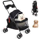 Pet Stroller 4-Wheels Dog Pram for Small Medium Dogs Cats Under 10 KG,Foldable Dog Pushchair,Cat Travel Stroller Carrier Jogger with Cup Holder and Storage Basket Net (Black)