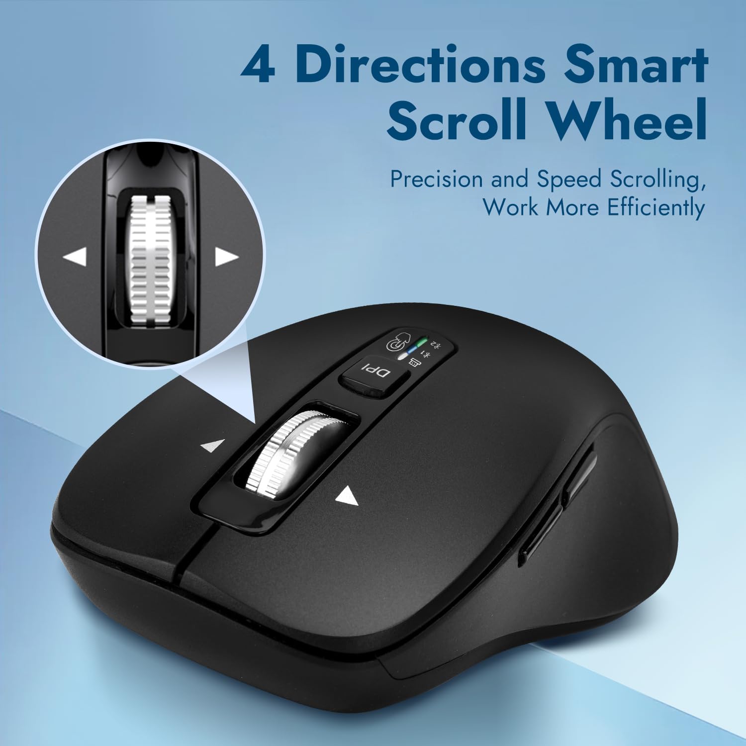 CITLLA Wireless Mouse for Laptop, Multi-Device Bluetooth Mouse, 4 Adjustable DPI Silent Mouse, 4-Way Scrolling Ergonomic Mouse for Windows, Full Size Mice for Laptop PC Computer Tablets(Black)