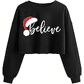 Jliqt Womens Christmas Crop Sweatshirt Merry Christmas Graphic Winter Lantern Long Sleeve Pullover Top