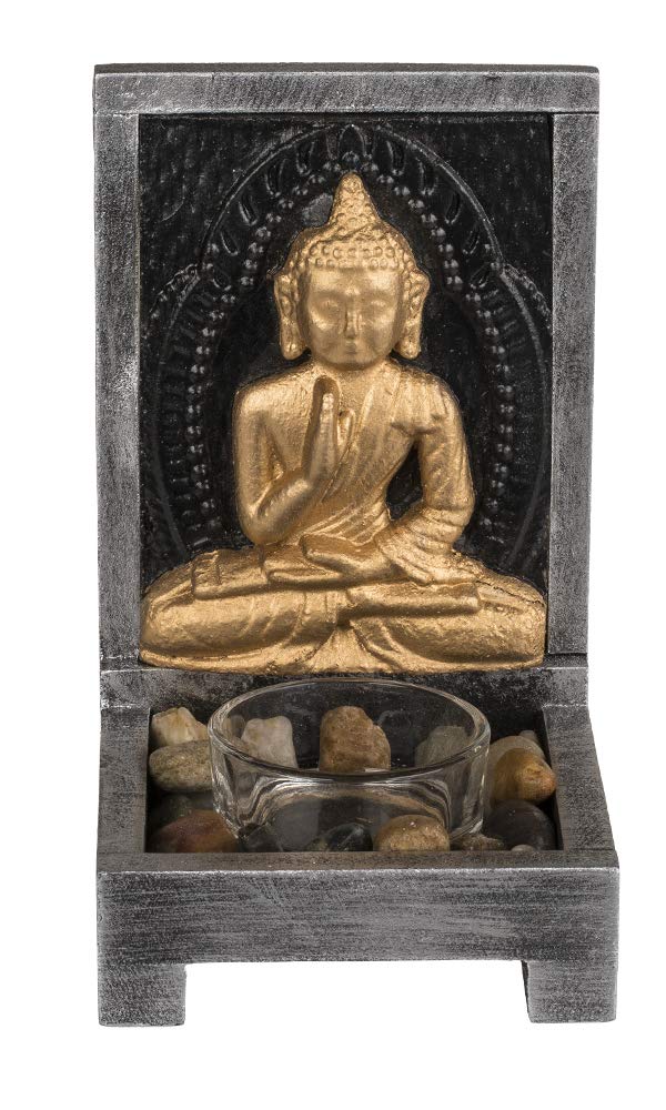 Out of the blue Wooden Buddha Tealight Holder with Decorative Stones, Approx. 15 x 9 cm