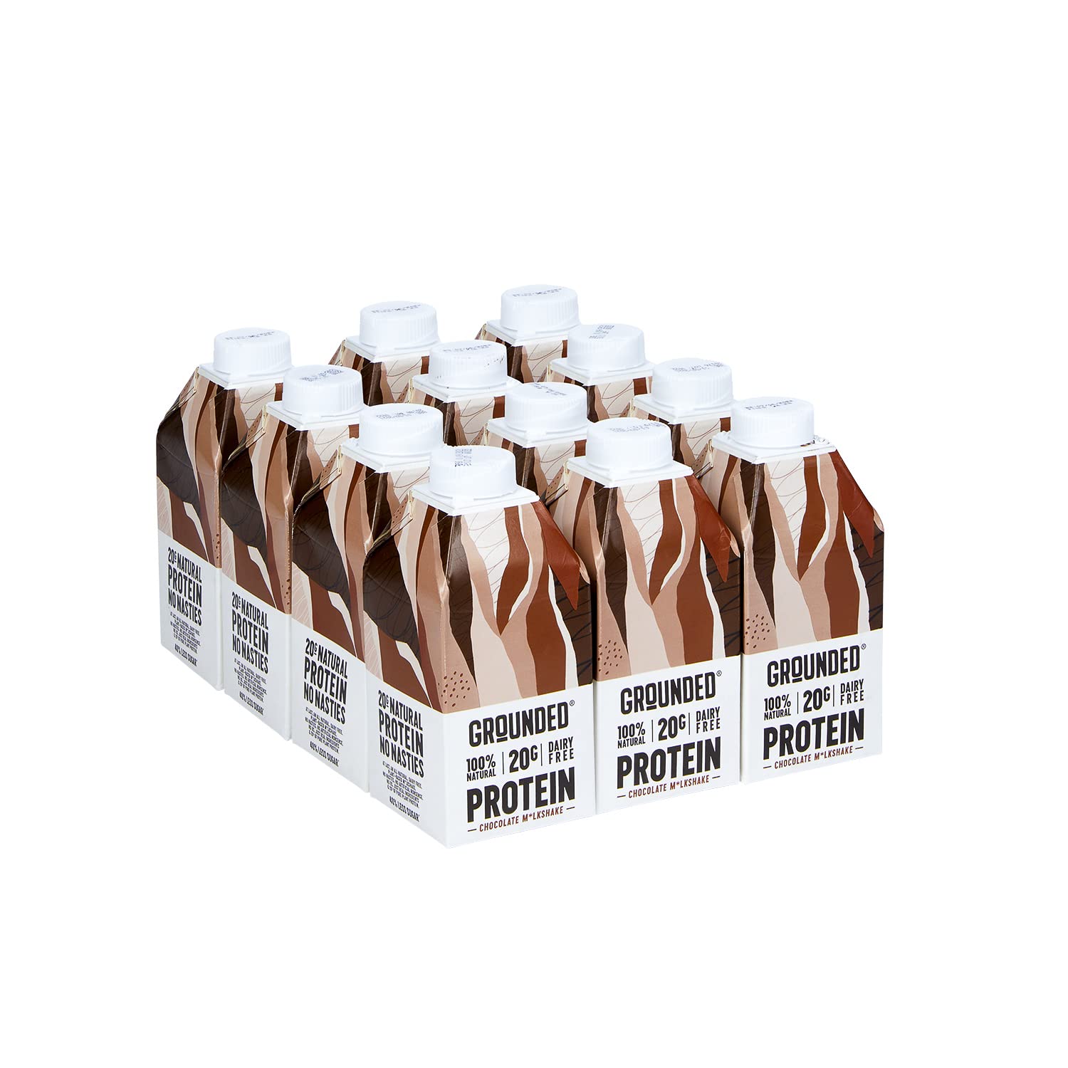 GROUNDED Vegan Protein Shakes (12 x 490ml Chocolate Protein Shakes) - 20g Vegan Protein Per Drink, Nature Made, Dairy Free, Gluten Free Nutrition In Every Bottle - 100% Recyclable Packaging