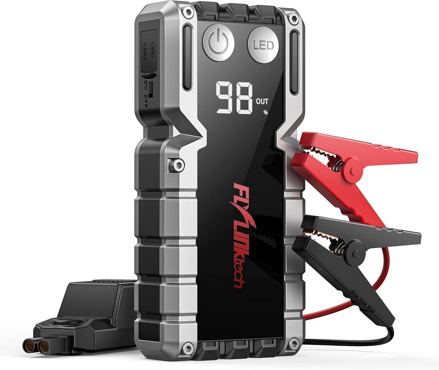 FLYLINKTECH 5000A Car Battery Jump Starter(Up to 9.0L Gas or 8.0L), Portable Car Jump Starter Battery Pack, 12V Jump Box with Safety Jumper Cables, Fast Charge 3.0, Lights, LCD Display