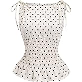 GORGLITTER Women's Polka Dots Boat Neck Tank Top Ruffle Tie Shoulder Smocked Going Out Y2k Vest Tops